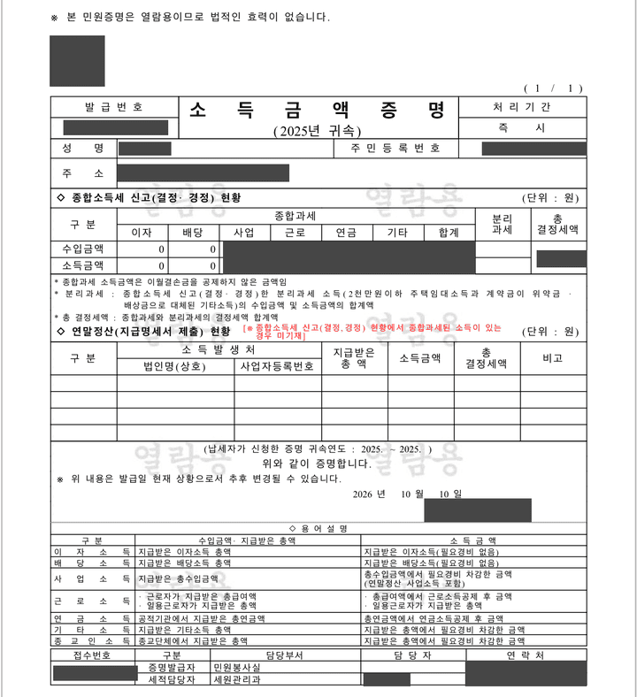 손택스에서 발급한 소득금액증명 민원증명 열람 화면, 개인정보와 금액은 가림