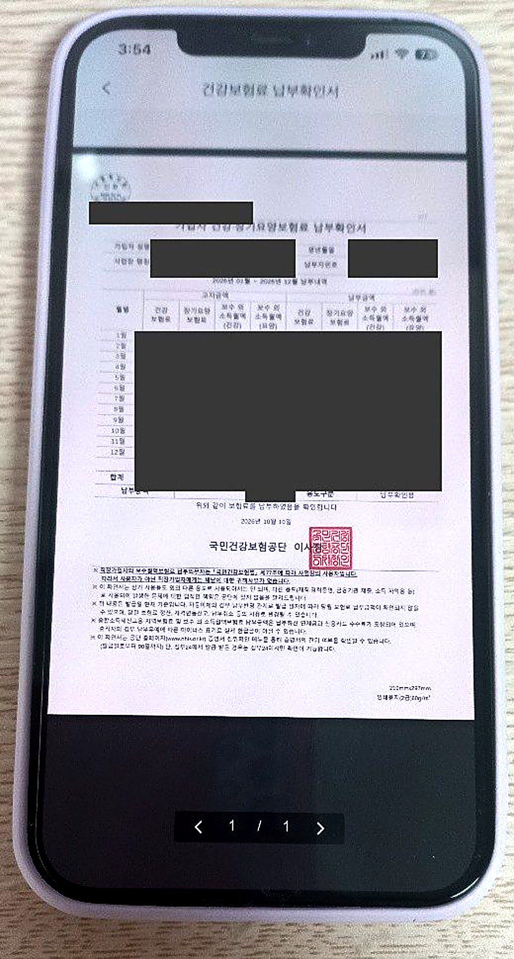 미리보기로 확인한 가입자 건강 장기요양보험료 납부확인서, 월별 금액은 가림 처리